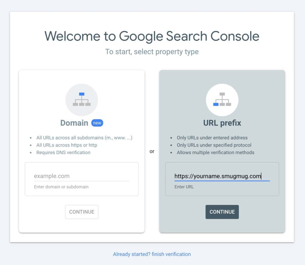 Adding SmugMug website to Google Search Console