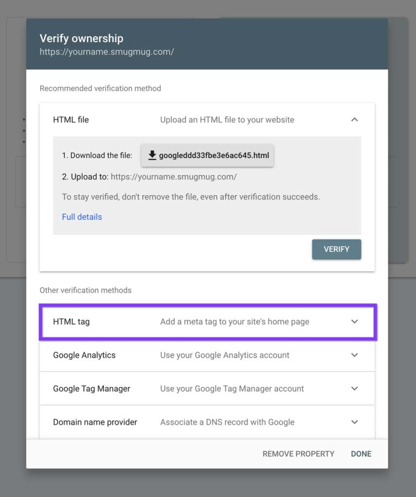 Verify ownership with Google Search Console - SmugMug website
