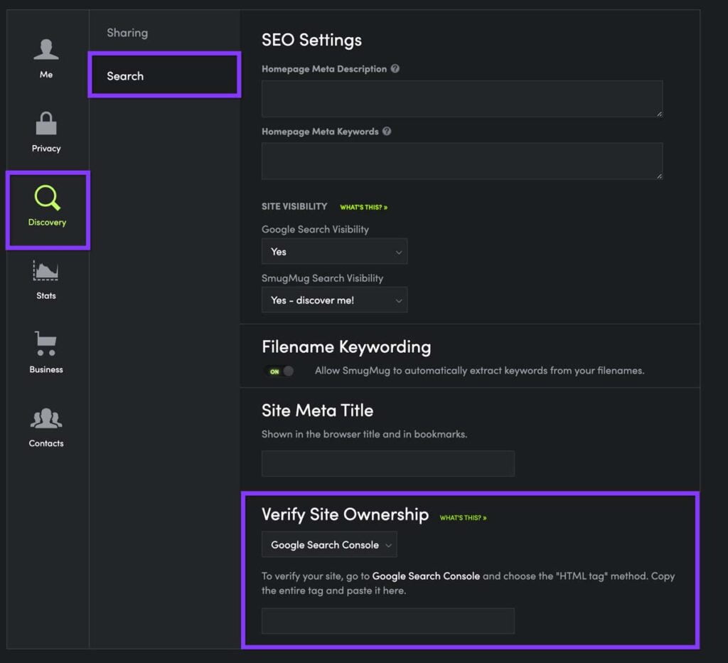 Verify SmugMug website with Google Search Console