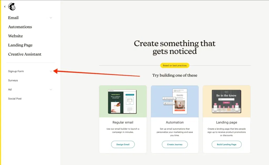 Mailchimp - choose SIGNUP FORM