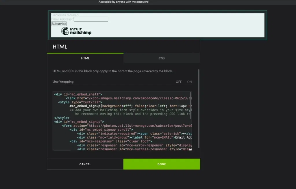 SmugMug adding Mailchimp code