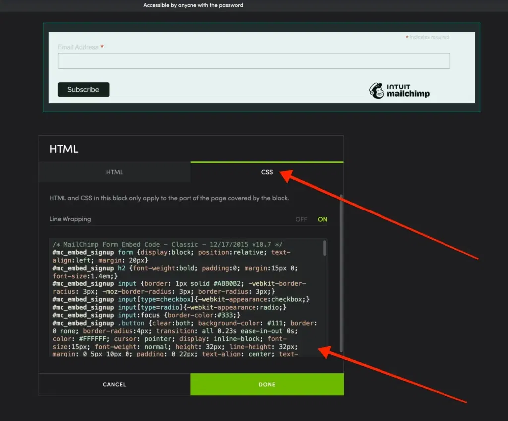 SmugMug Mailchimp form CSS code