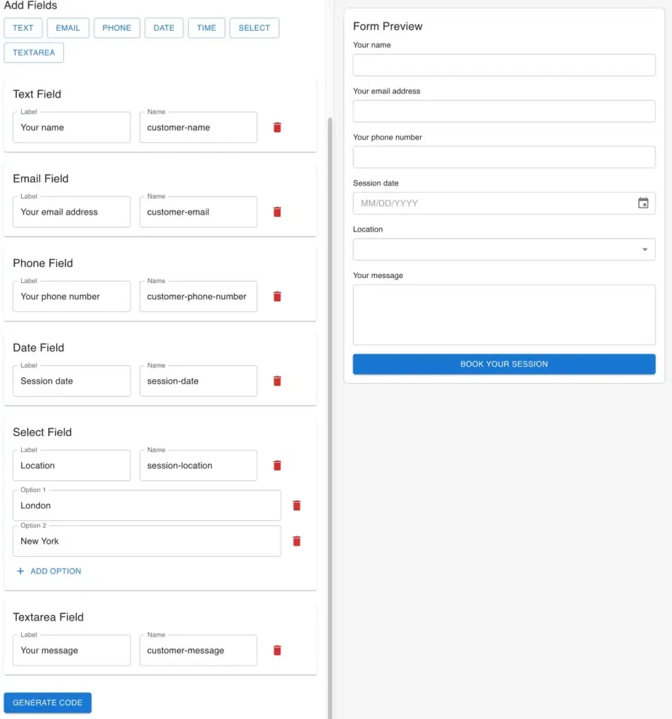 SmugMug form builder - generating fields